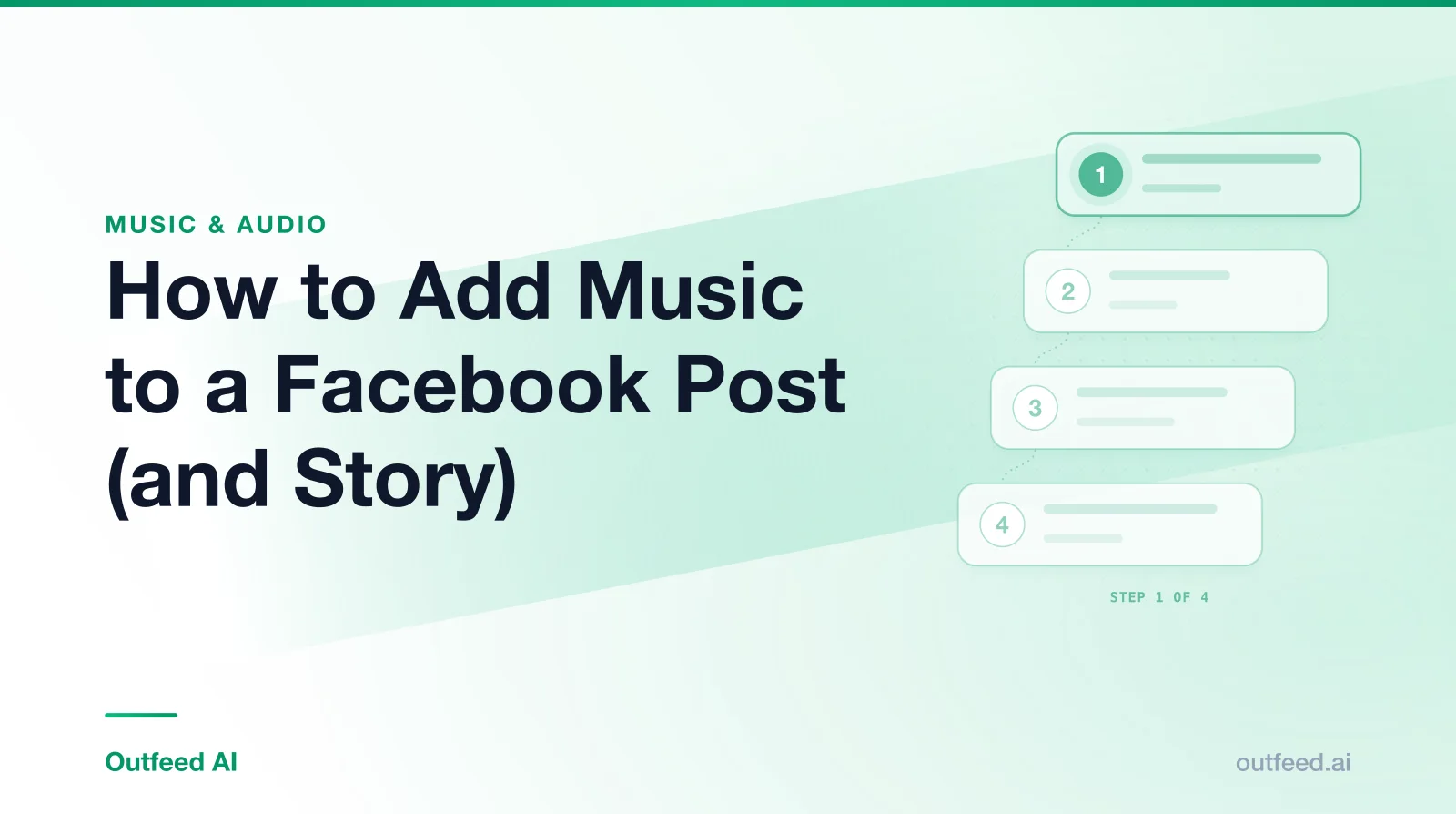 Title card reading 'How to Add Music to a Facebook Post (and Story)' with numbered step cards on an emerald gradient