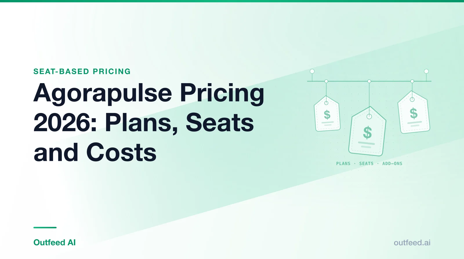 Title card reading 'Agorapulse Pricing 2026: Plans, Seats and Costs' with outlined price tags on an emerald gradient