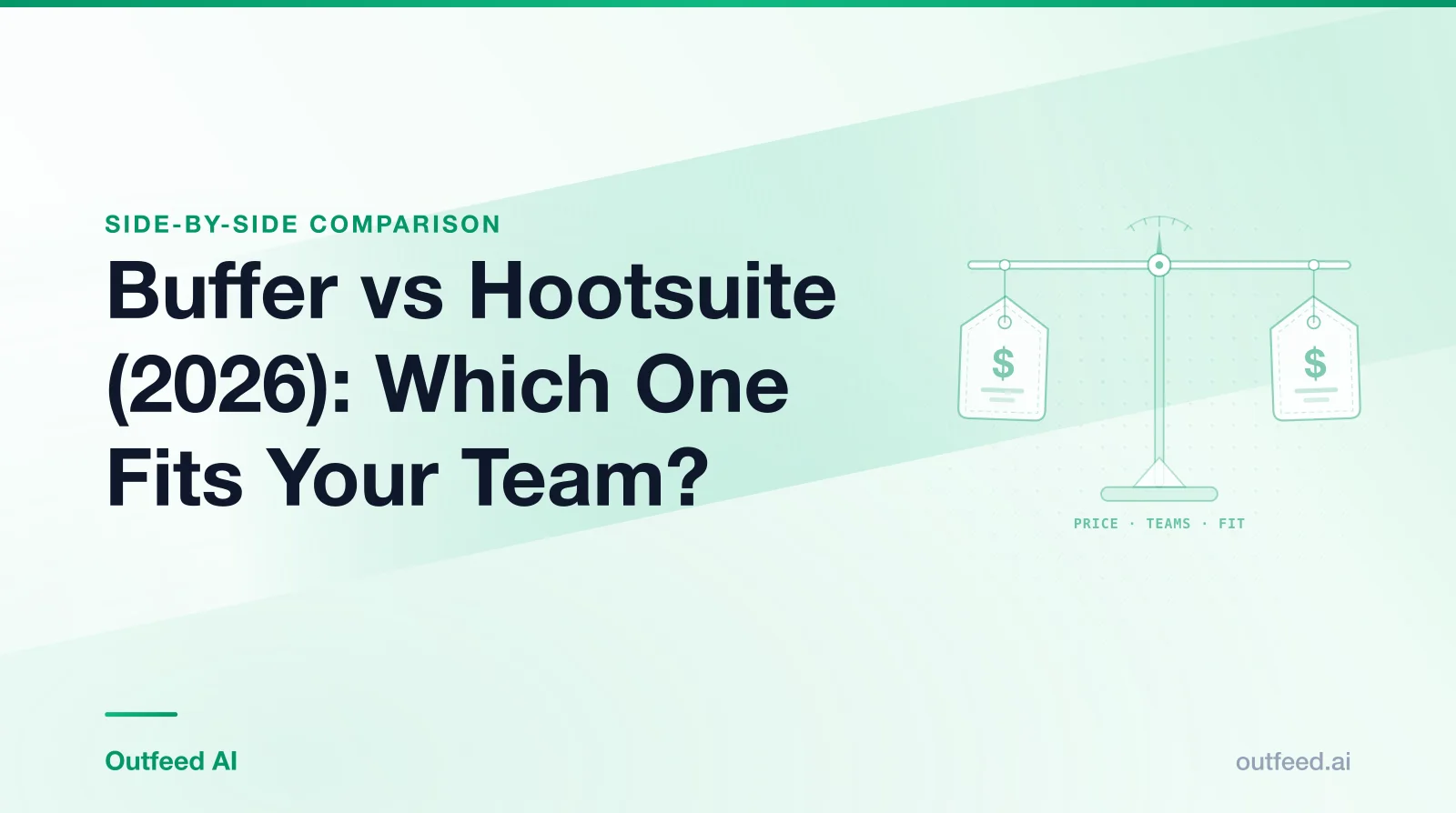 Title card reading 'Buffer vs Hootsuite (2026): Which One Fits Your Team?' with outlined price tags on an emerald gradient