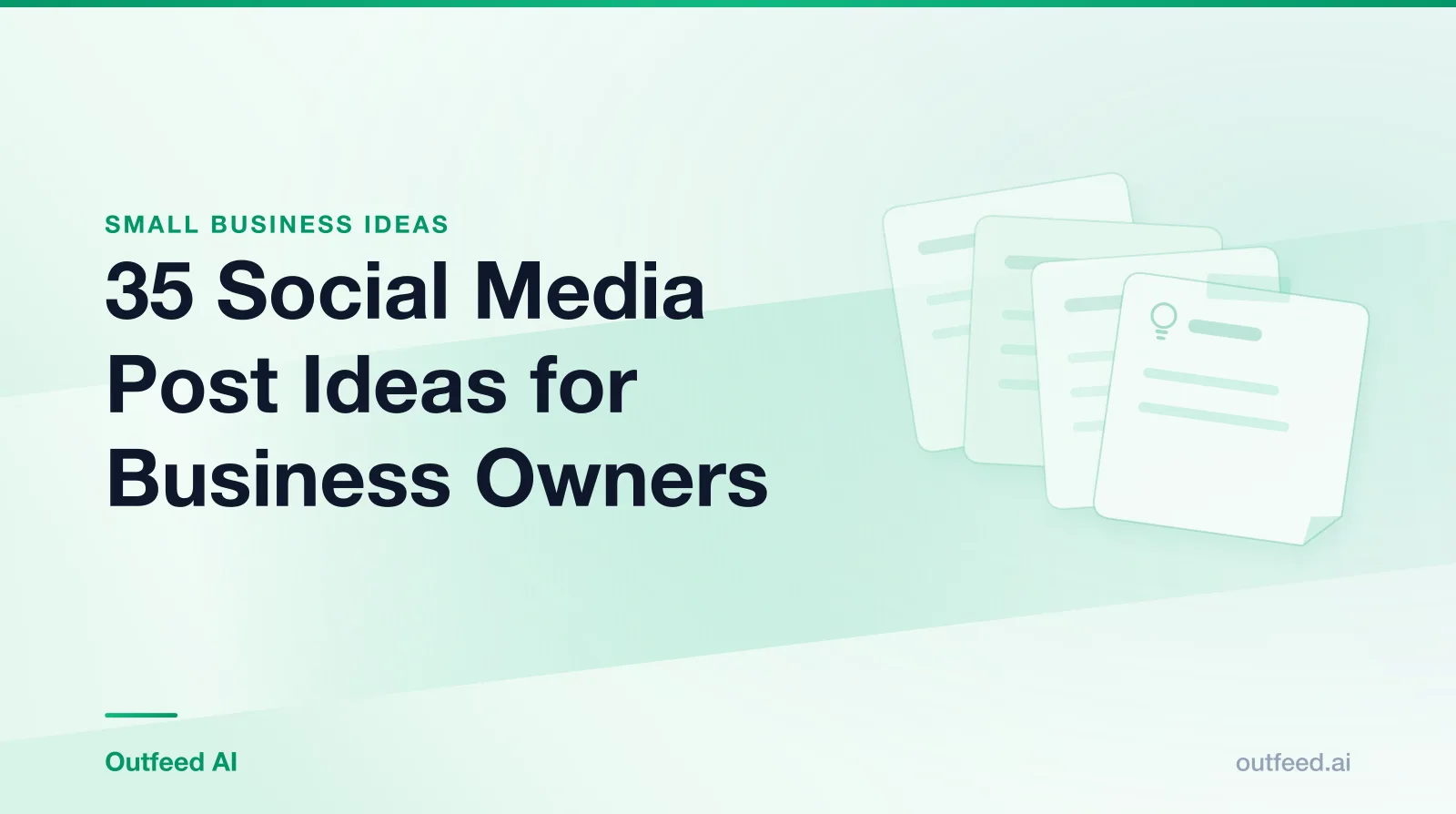 Title card reading '35 Social Media Post Ideas for Business Owners' with stacked idea cards on an emerald gradient
