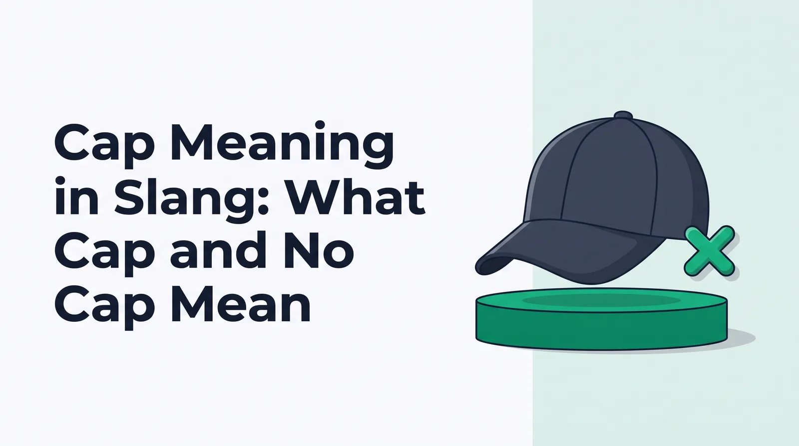 Illustration of a dark slate baseball cap floating above a round emerald plinth beside a small emerald cross mark, with the title 'Cap Meaning in Slang: What Cap and No Cap Mean'