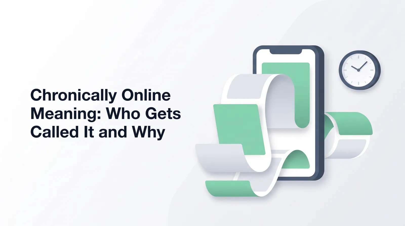 Illustration of a smartphone with a ribbon of blank emerald and grey cards looping out of its screen, beside a round wall clock, with the title 'Chronically Online Meaning: Who Gets Called It and Why'