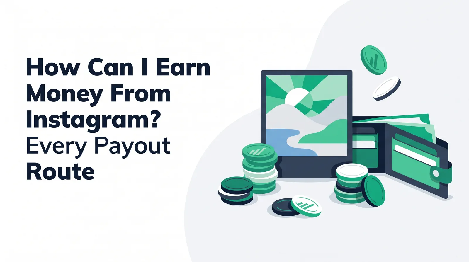 Illustration of a square landscape photo card with stacks of emerald coins and an open wallet, with the title 'How Can I Earn Money From Instagram? Every Payout Route'