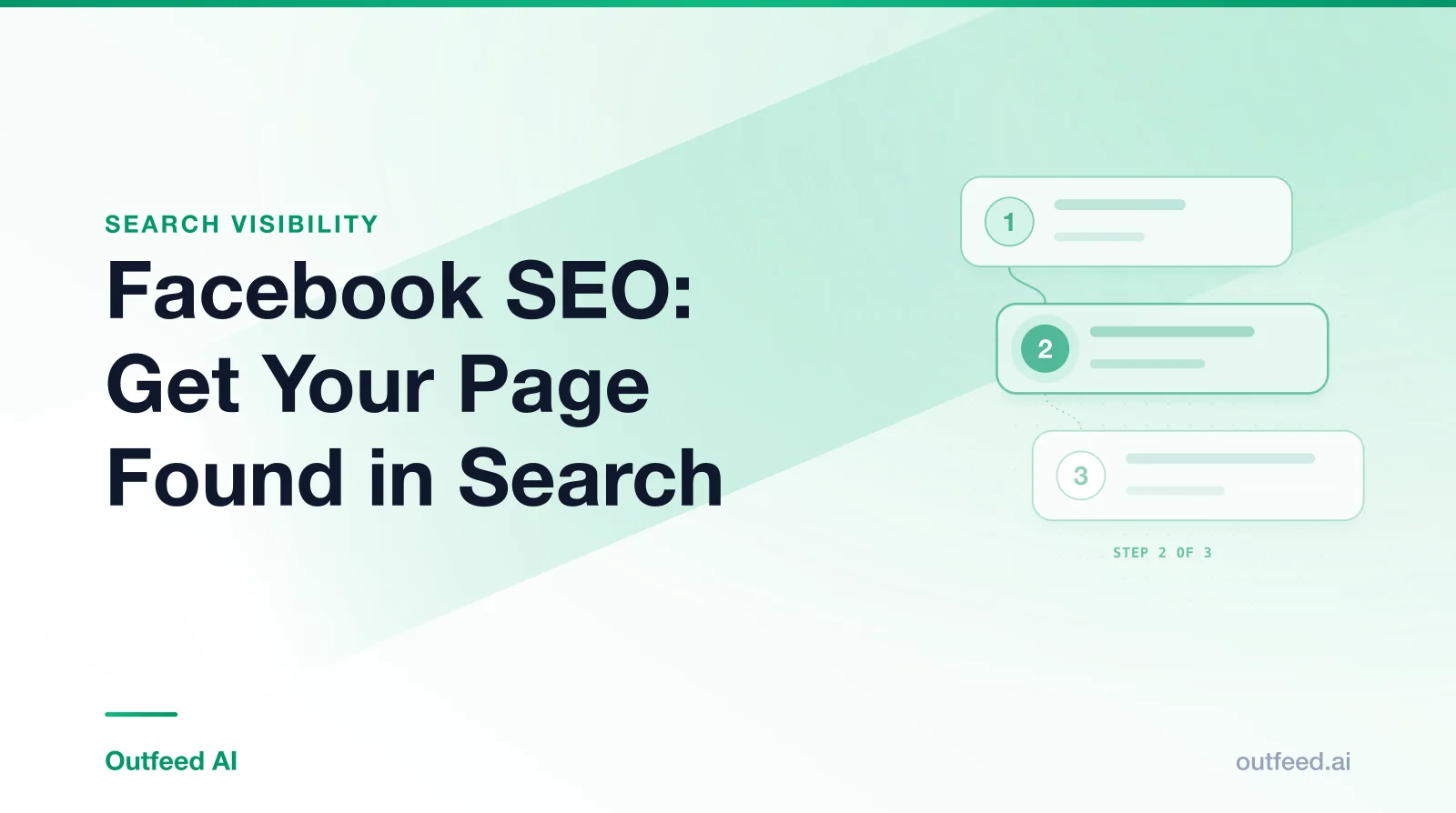 Title card reading 'Facebook SEO: Get Your Page Found in Search' with numbered step cards on an emerald gradient