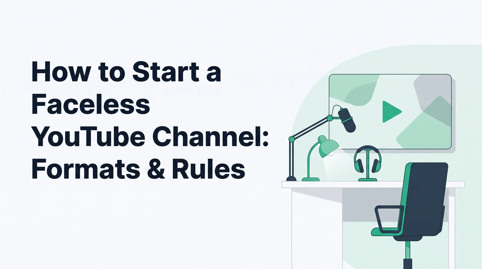 Illustration of an empty desk setup with a microphone arm, a desk lamp, headphones on a stand, an empty chair and a widescreen video frame, with the title 'How to Start a Faceless YouTube Channel: Formats & Rules'