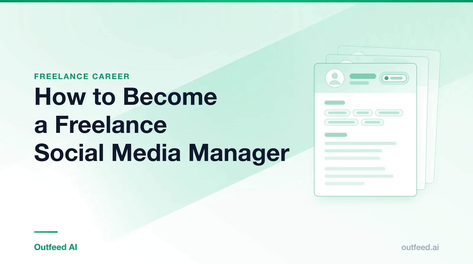 Title card reading 'How to Become a Freelance Social Media Manager' with stacked résumé cards on an emerald gradient