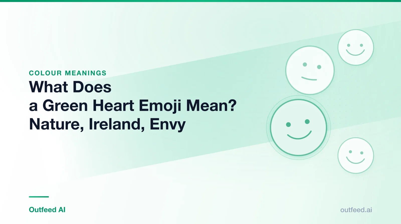 Title card reading 'What Does a Green Heart Emoji Mean? Nature, Ireland, Envy' with simple line-drawn faces on an emerald gradient