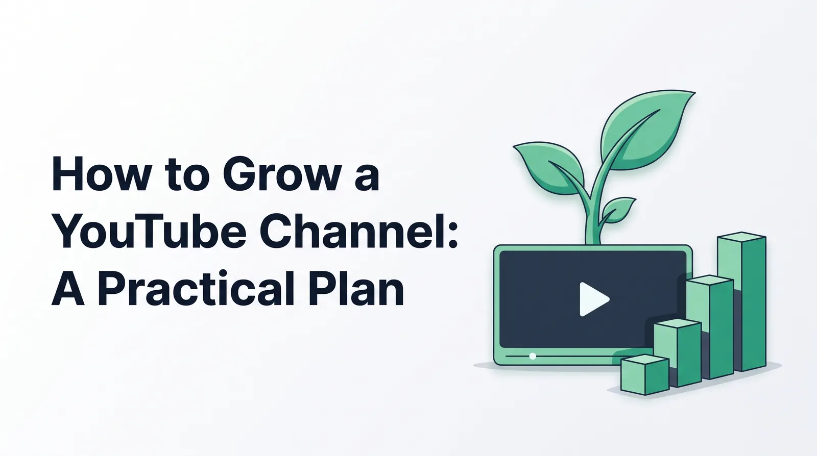 Illustration of an emerald sapling growing out of the top of a dark widescreen video frame beside rising emerald bar-chart blocks, with the title 'How to Grow a YouTube Channel: A Practical Plan'