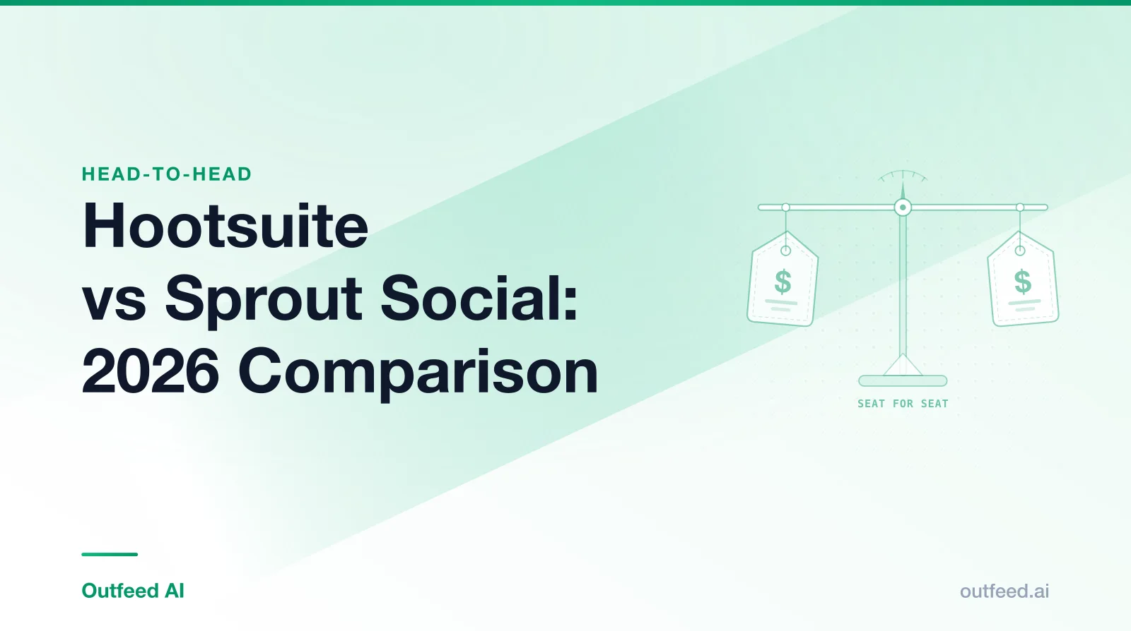 Title card reading 'Hootsuite vs Sprout Social: 2026 Comparison' with outlined price tags on an emerald gradient