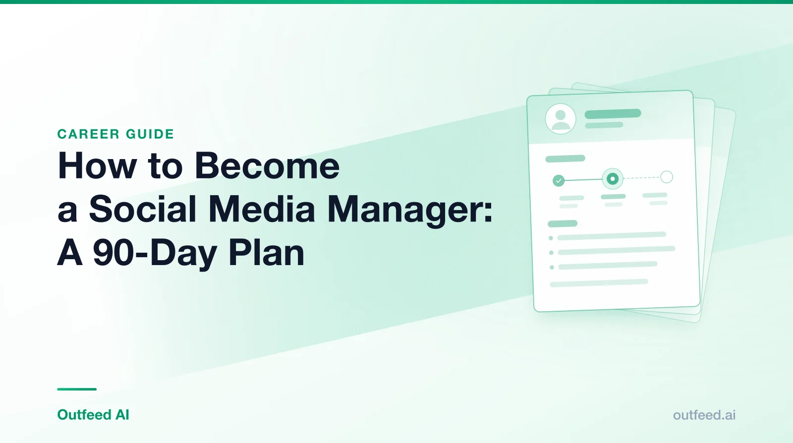 Title card reading 'How to Become a Social Media Manager: A 90-Day Plan' with stacked résumé cards on an emerald gradient