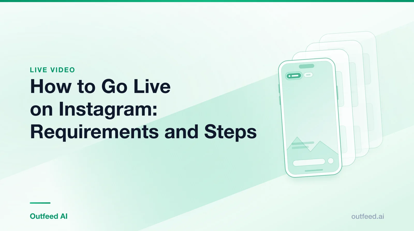 Title card reading 'How to Go Live on Instagram: Requirements and Steps' with a phone outline and layered screens on an emerald gradient