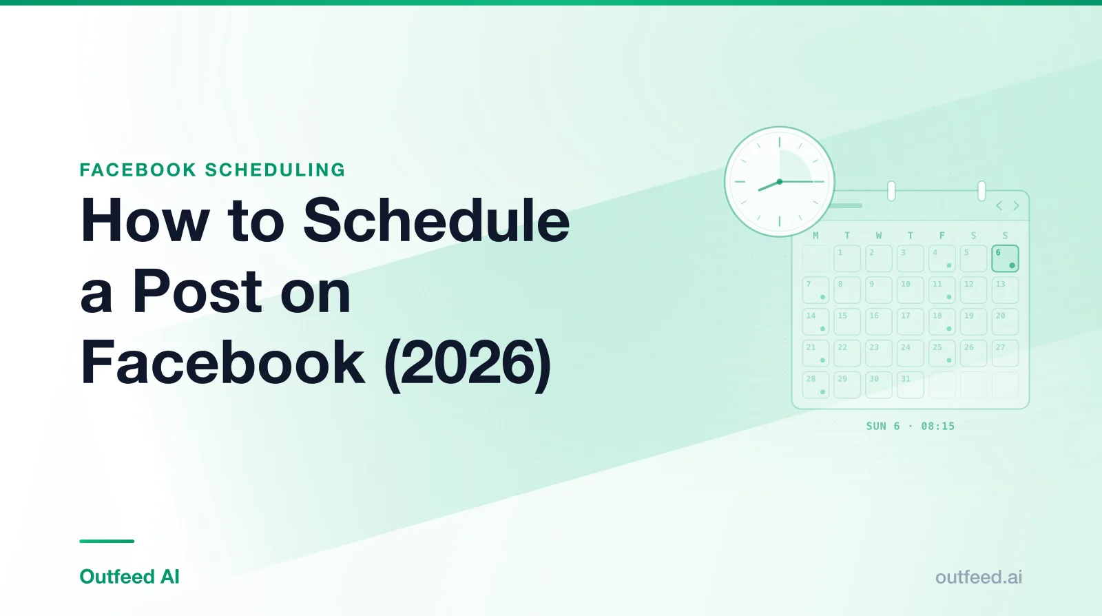 Title card reading 'How to Schedule a Post on Facebook (2026)' with a calendar-and-clock motif on an emerald gradient