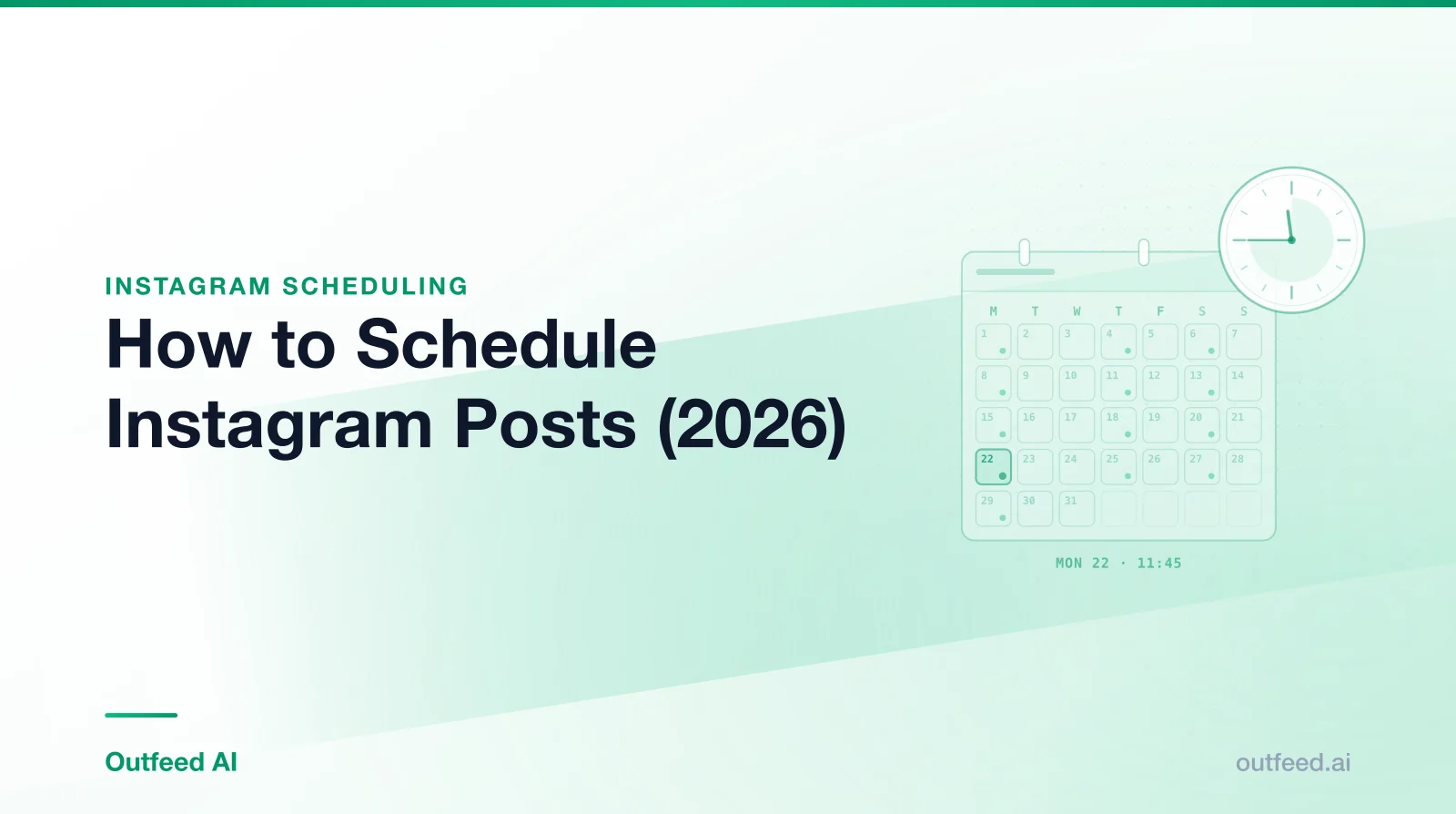 Title card reading 'How to Schedule Instagram Posts (2026)' with a calendar-and-clock motif on an emerald gradient