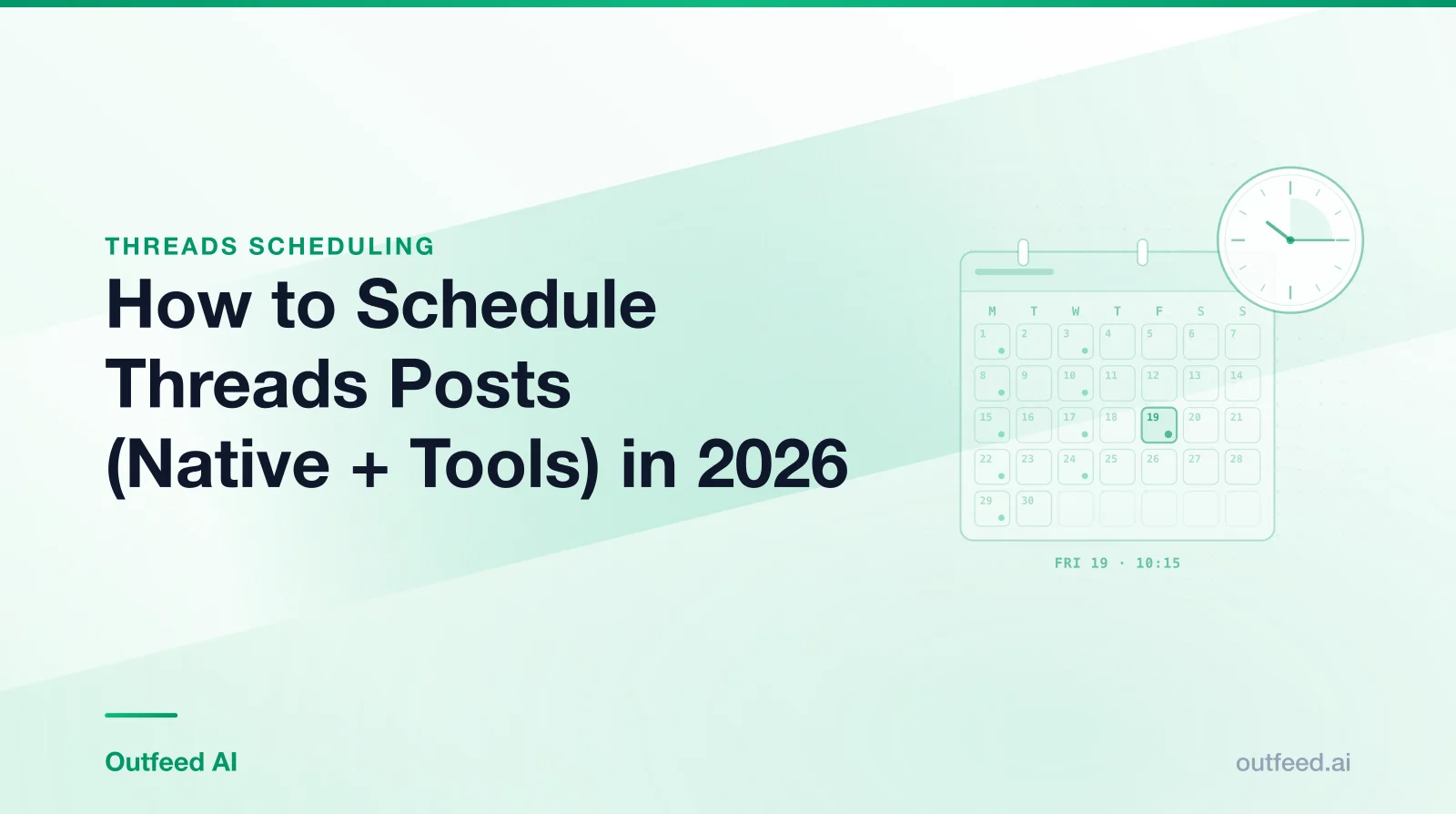Title card reading 'How to Schedule Threads Posts (Native + Tools) in 2026' with a calendar-and-clock motif on an emerald gradient