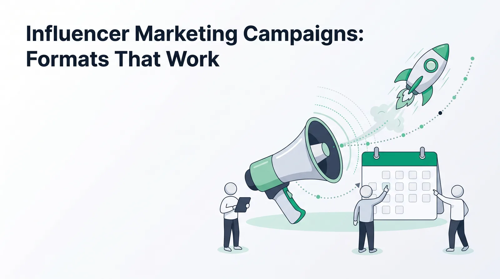 Illustration of a megaphone, a wall calendar and a rocket rising along a dotted path, with three faceless figures planning, with the title 'Influencer Marketing Campaigns: Formats That Work'