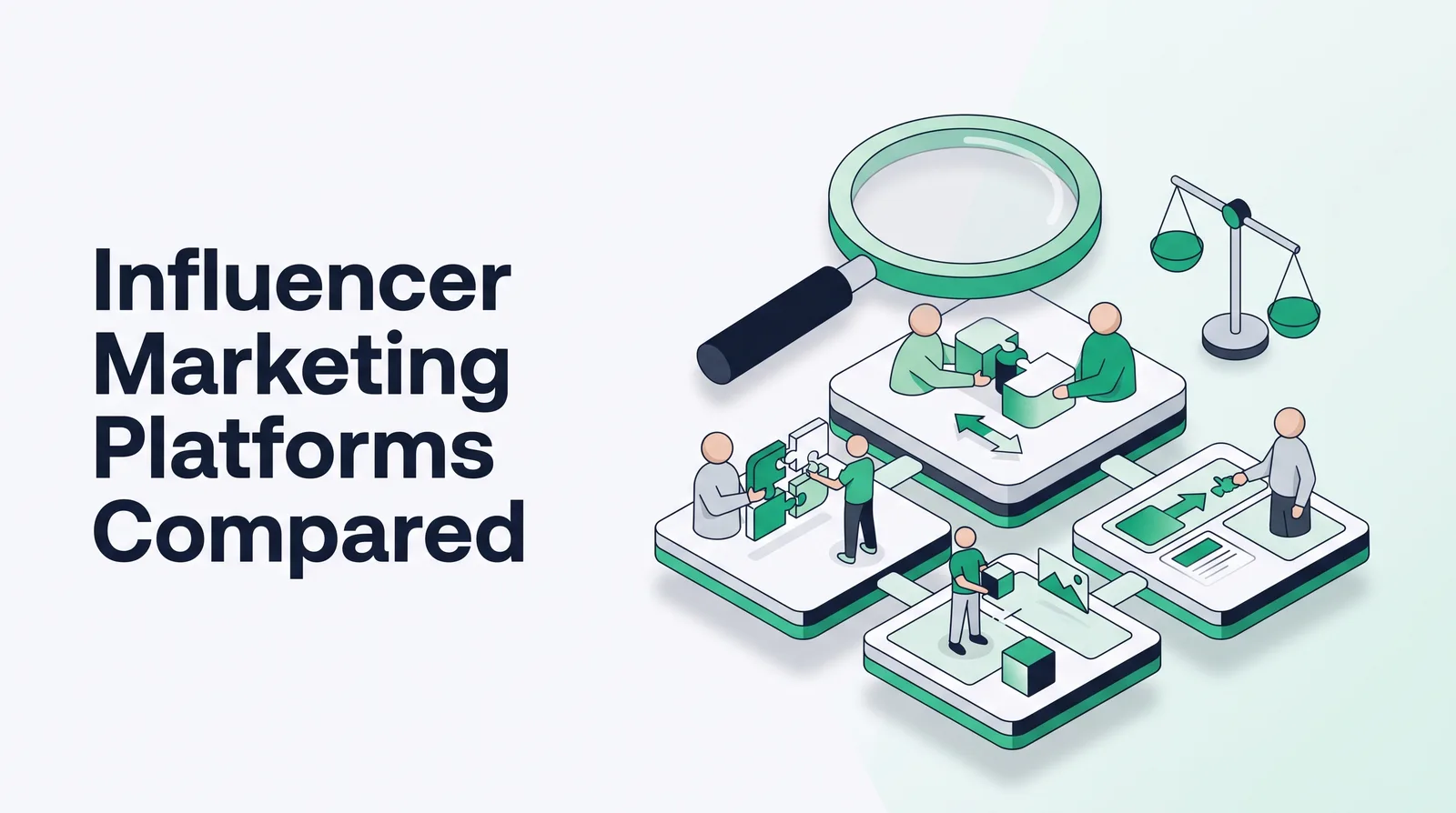 Isometric illustration of four connected platform tiles where simple faceless figures exchange puzzle pieces, with a magnifying glass and a balance scale, with the title 'Influencer Marketing Platforms Compared'