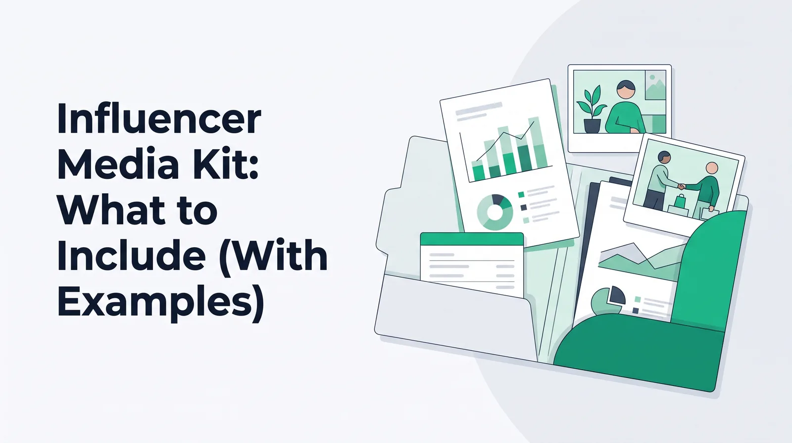 Illustration of an open folder with chart pages, a rate card and illustrated photo cards fanning out of it, with the title 'Influencer Media Kit: What to Include (With Examples)'
