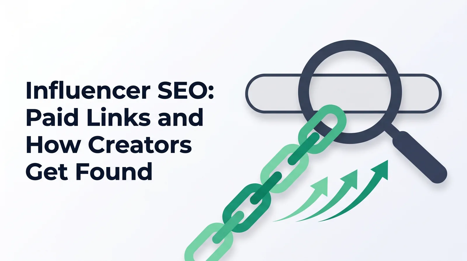Illustration of a magnifying glass over a blank search bar with an emerald link chain and three rising arrows, with the title 'Influencer SEO: Paid Links and How Creators Get Found'