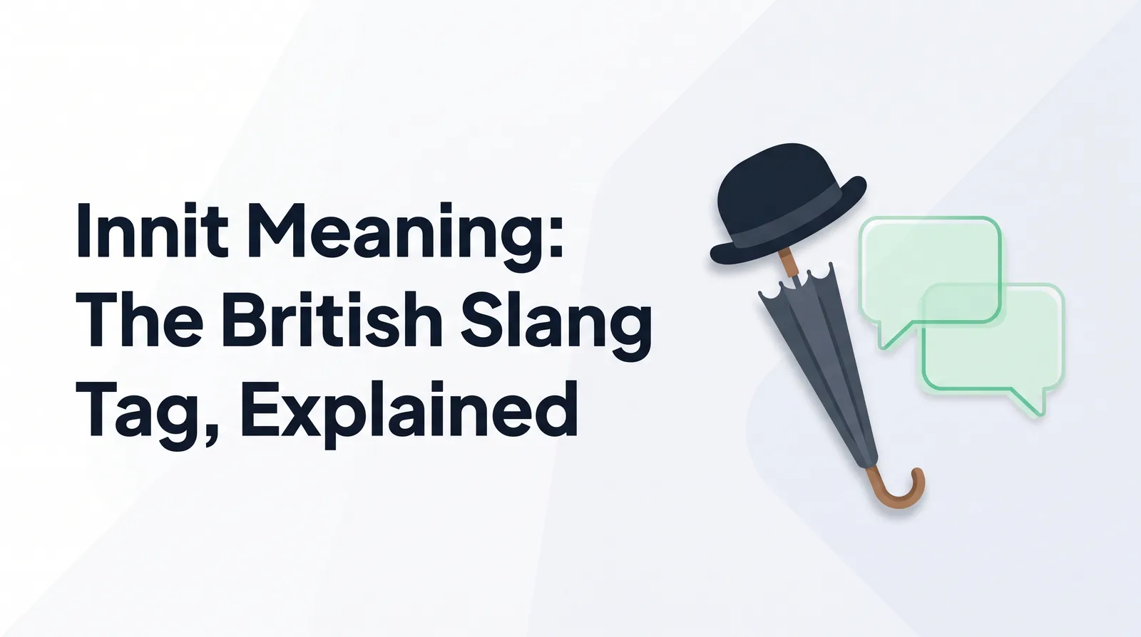 Illustration of a black bowler hat resting on a folded umbrella beside two overlapping pale emerald speech bubbles, with the title 'Innit Meaning: The British Slang Tag, Explained'