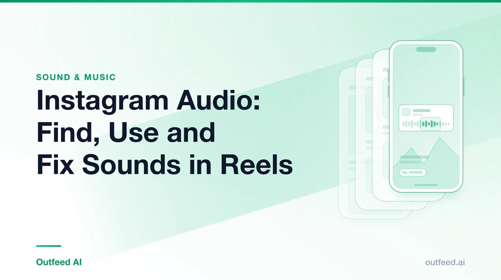 Title card reading 'Instagram Audio: Find, Use and Fix Sounds in Reels' with a phone outline and layered screens on an emerald gradient