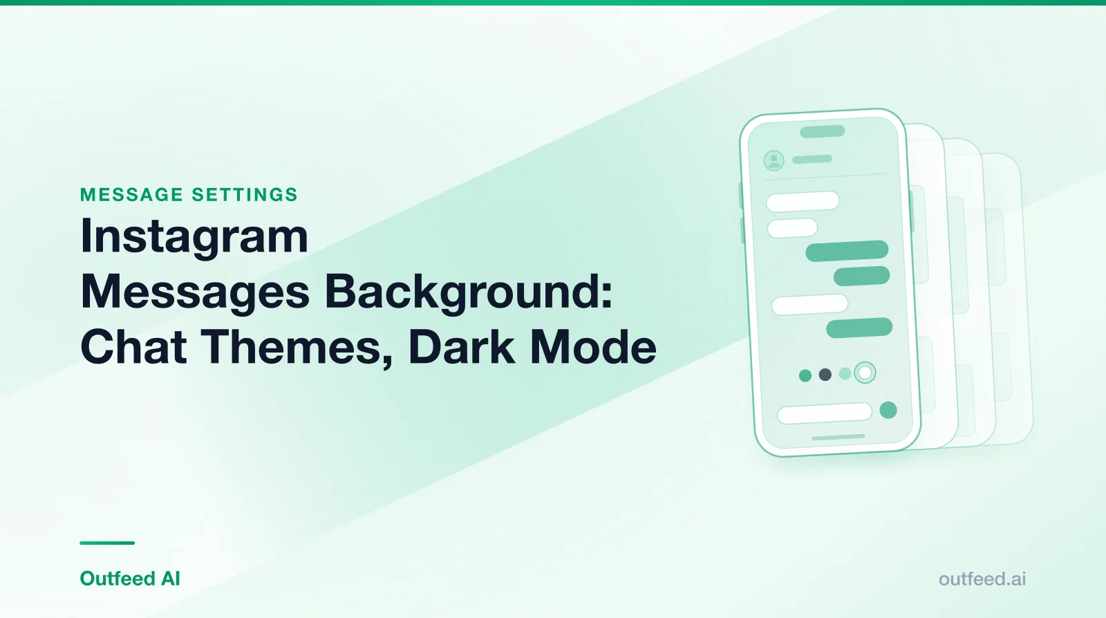 Title card reading 'Instagram Messages Background: Chat Themes, Dark Mode' with a phone outline and layered screens on an emerald gradient