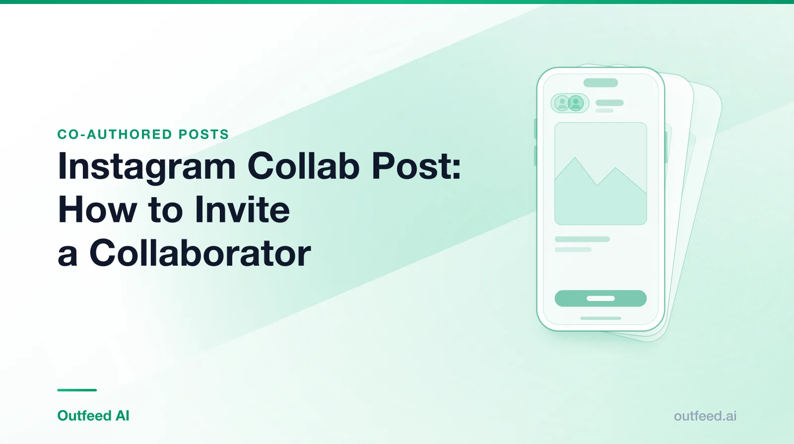 Title card reading 'Instagram Collab Post: How to Invite a Collaborator' with a phone outline and layered screens on an emerald gradient