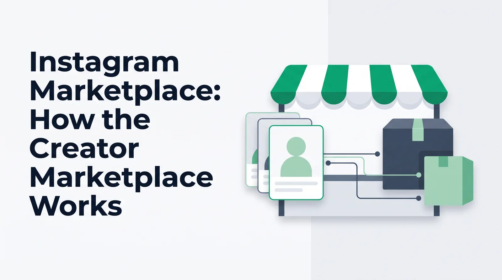 Illustration of a market stall with an emerald striped awning, faceless creator cards on one side and brand boxes on the other joined by lines, with the title 'Instagram Marketplace: How the Creator Marketplace Works'