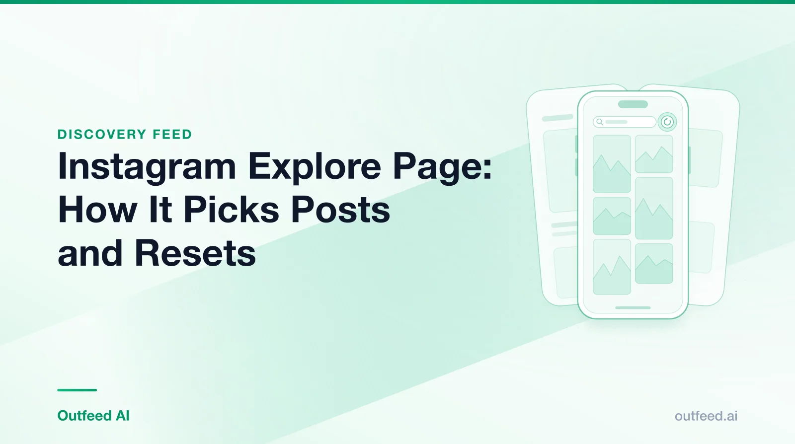Title card reading 'Instagram Explore Page: How It Picks Posts and Resets' with a phone outline and layered screens on an emerald gradient
