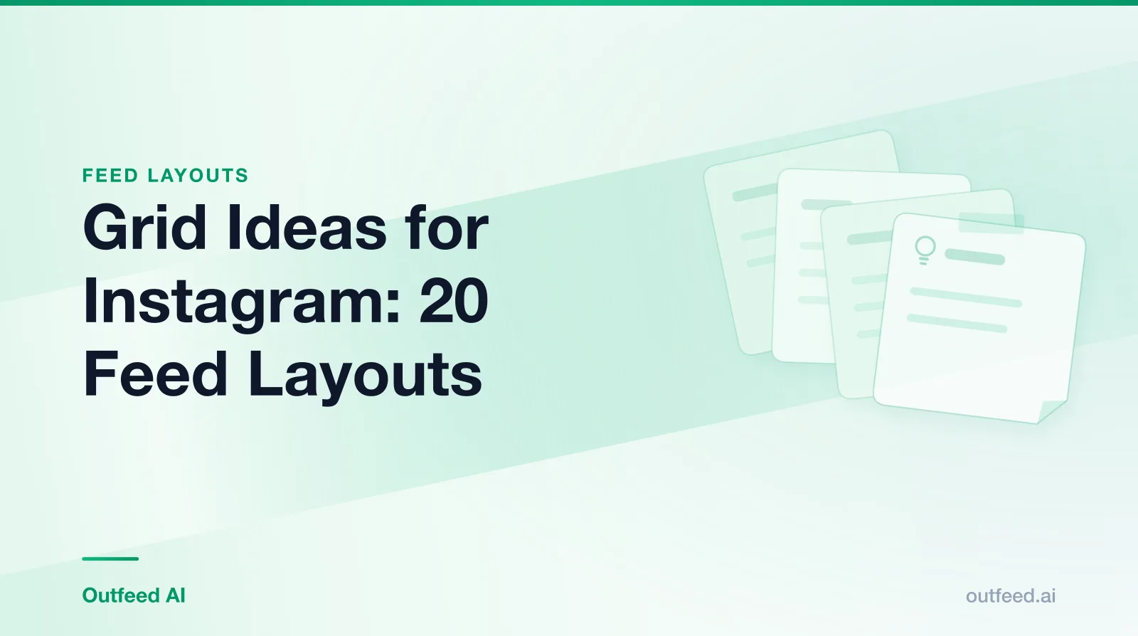 Title card reading 'Grid Ideas for Instagram: 20 Feed Layouts' with stacked idea cards on an emerald gradient