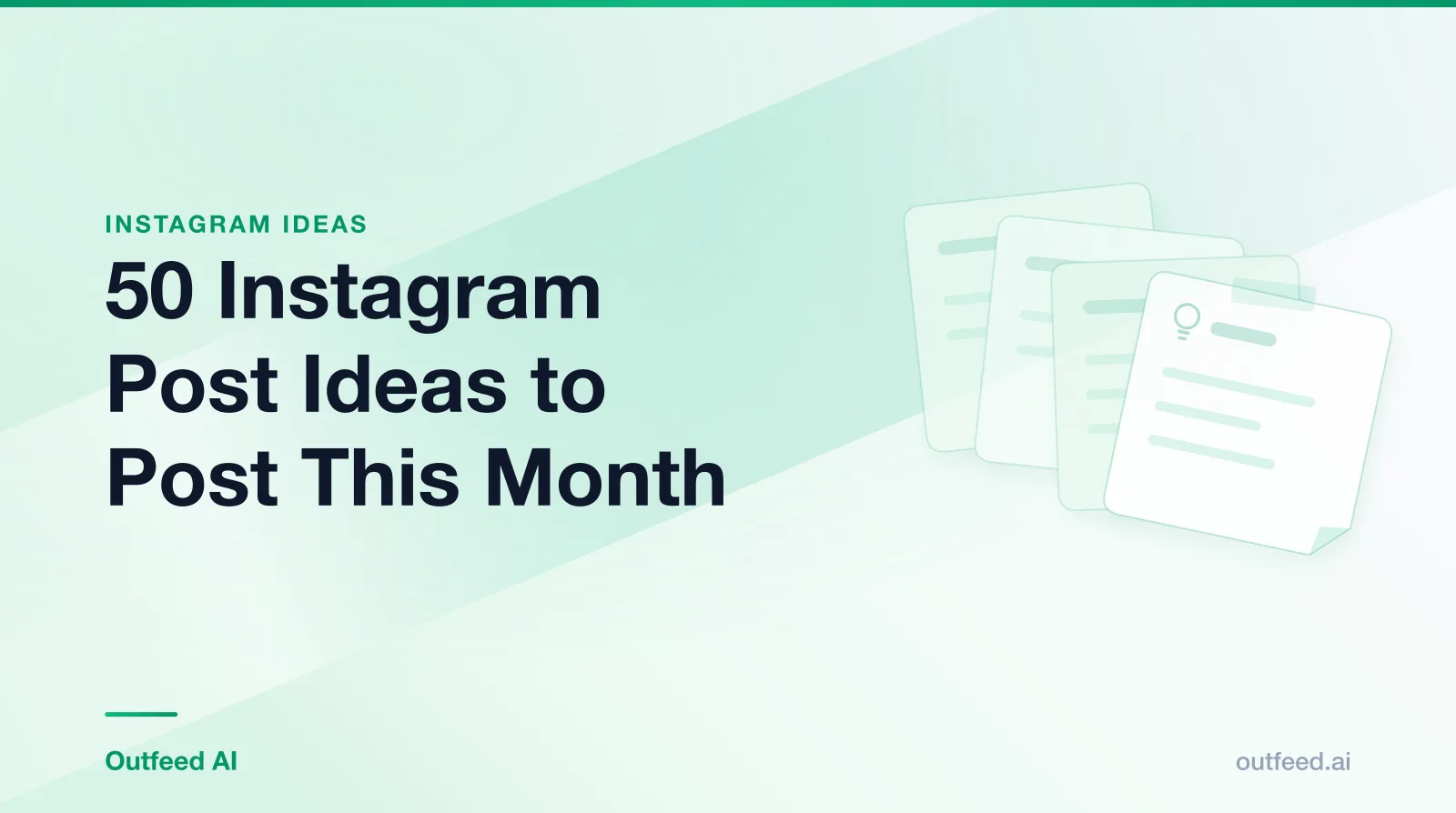 Title card reading '50 Instagram Post Ideas to Post This Month' with stacked idea cards on an emerald gradient