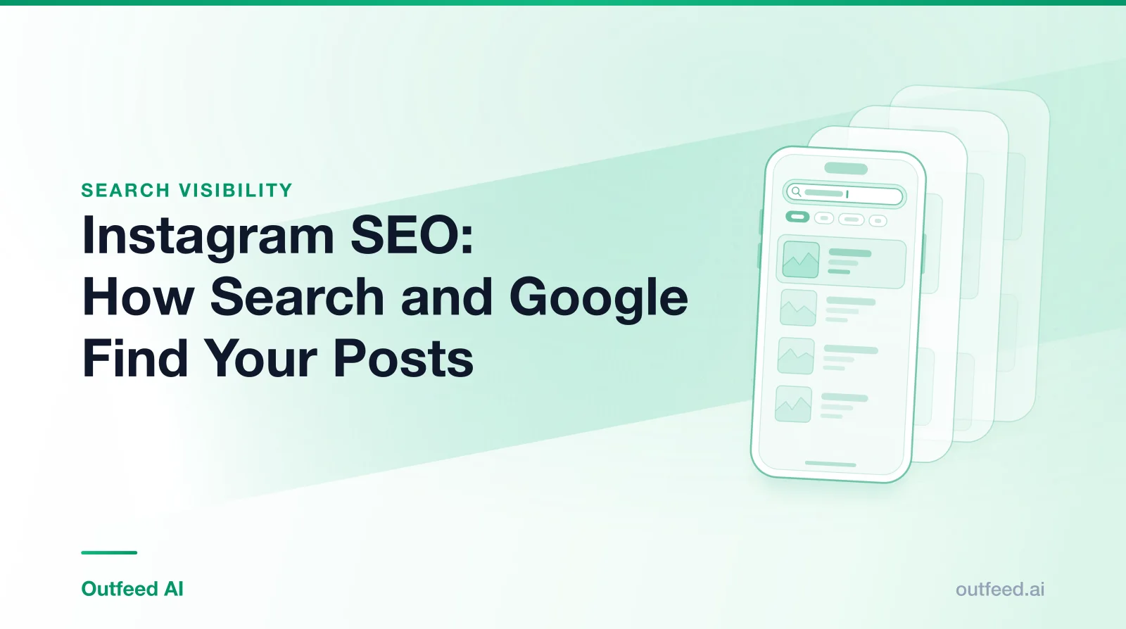 Title card reading 'Instagram SEO: How Search and Google Find Your Posts' with a phone outline and layered screens on an emerald gradient