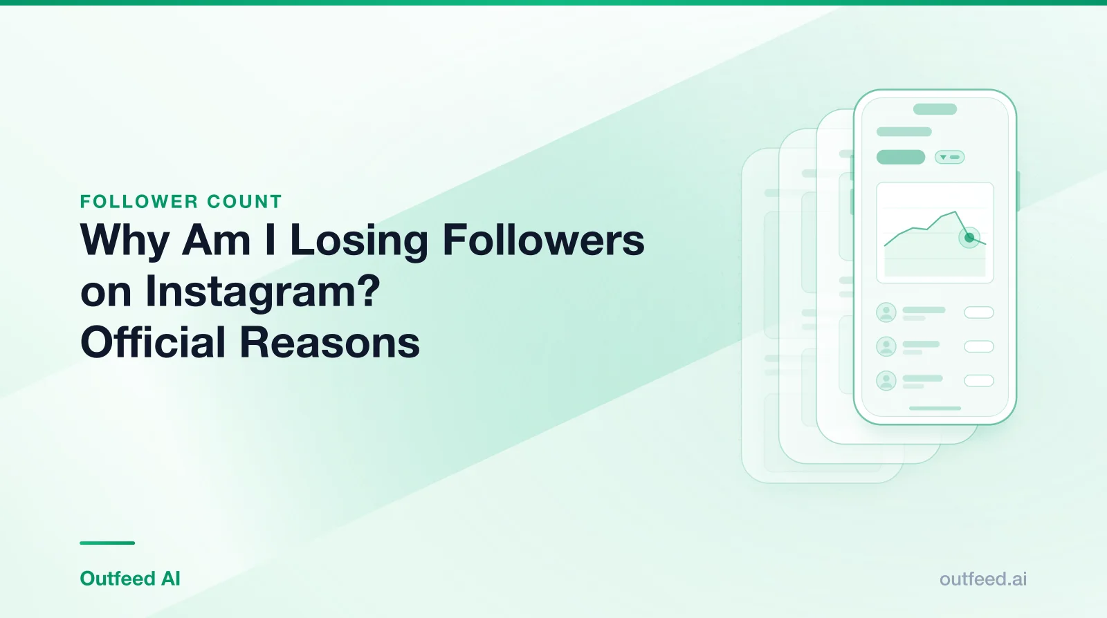 Title card reading 'Why Am I Losing Followers on Instagram? Official Reasons' with a phone outline and layered screens on an emerald gradient