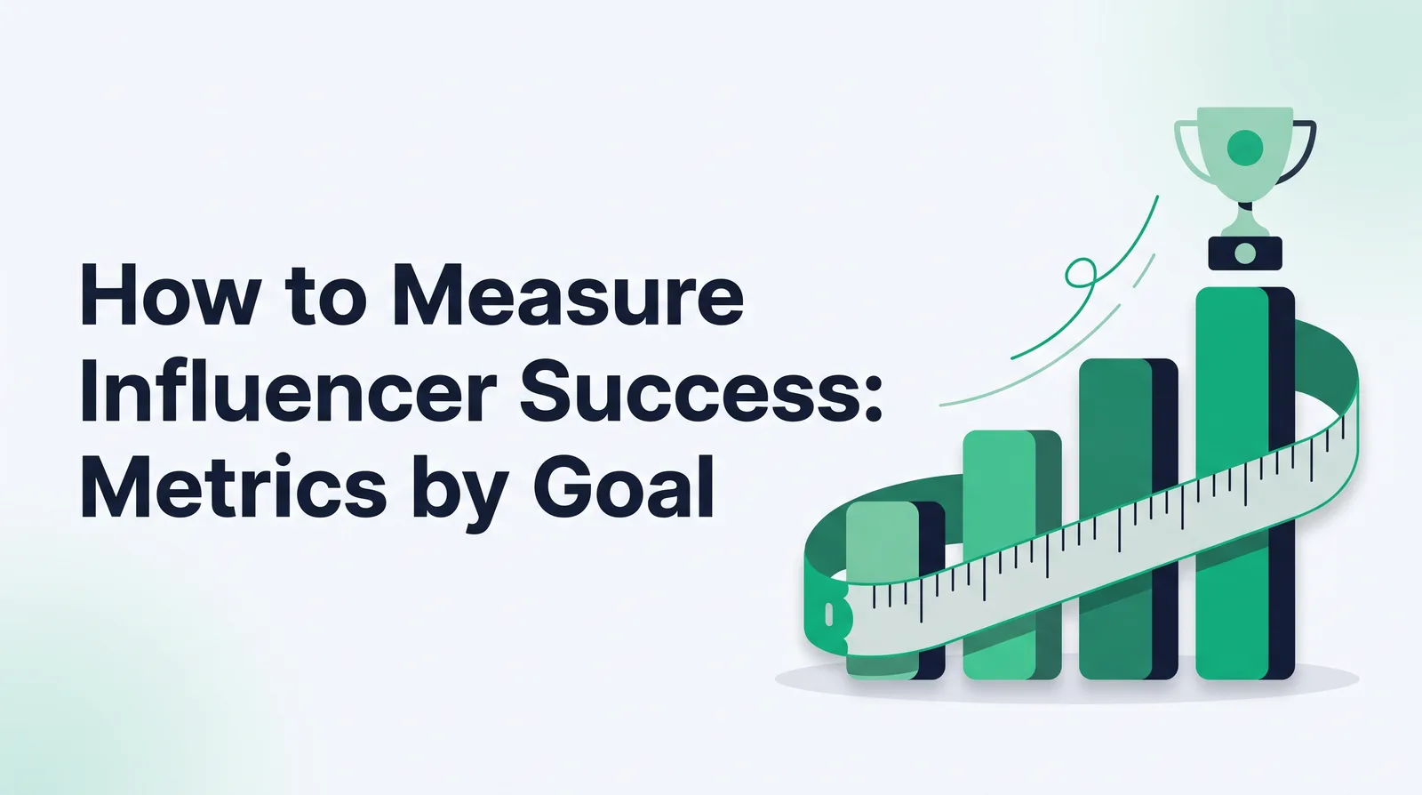 Illustration of a measuring tape wrapped around a rising emerald bar chart topped by a small trophy, with the title 'How to Measure Influencer Success: Metrics by Goal'