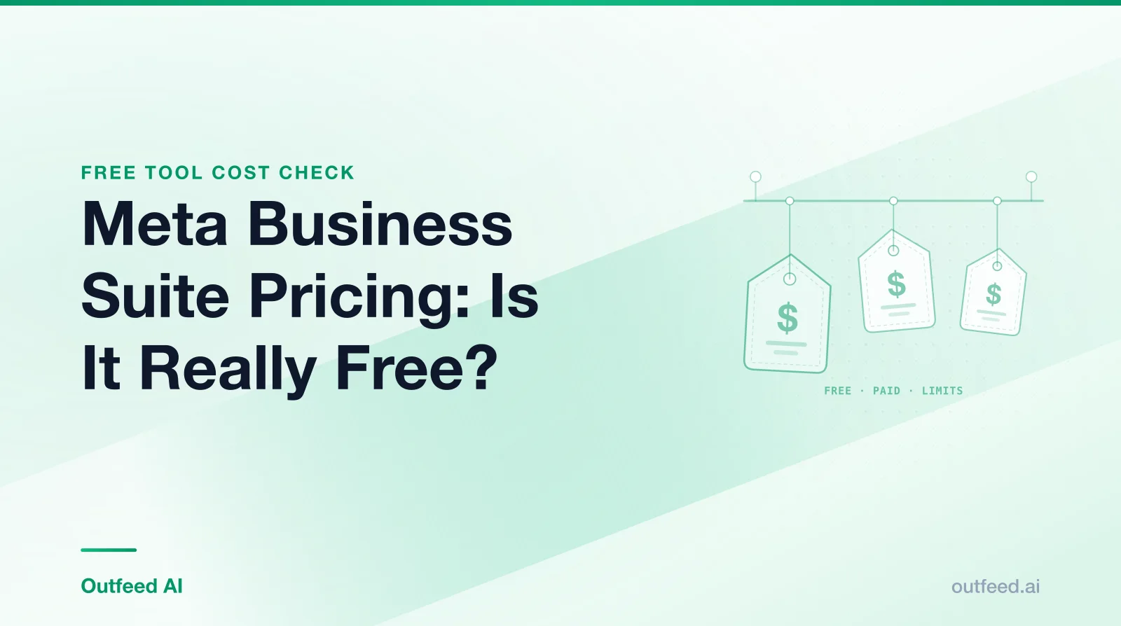 Title card reading 'Meta Business Suite Pricing: Is It Really Free?' with outlined price tags on an emerald gradient