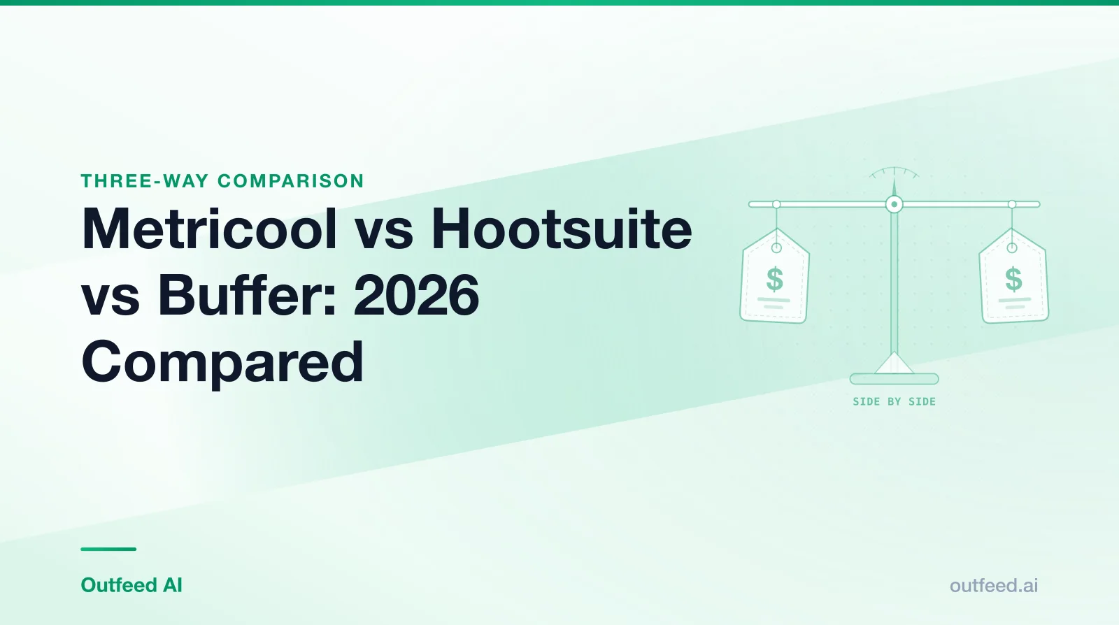 Title card reading 'Metricool vs Hootsuite vs Buffer: 2026 Compared' with outlined price tags on an emerald gradient