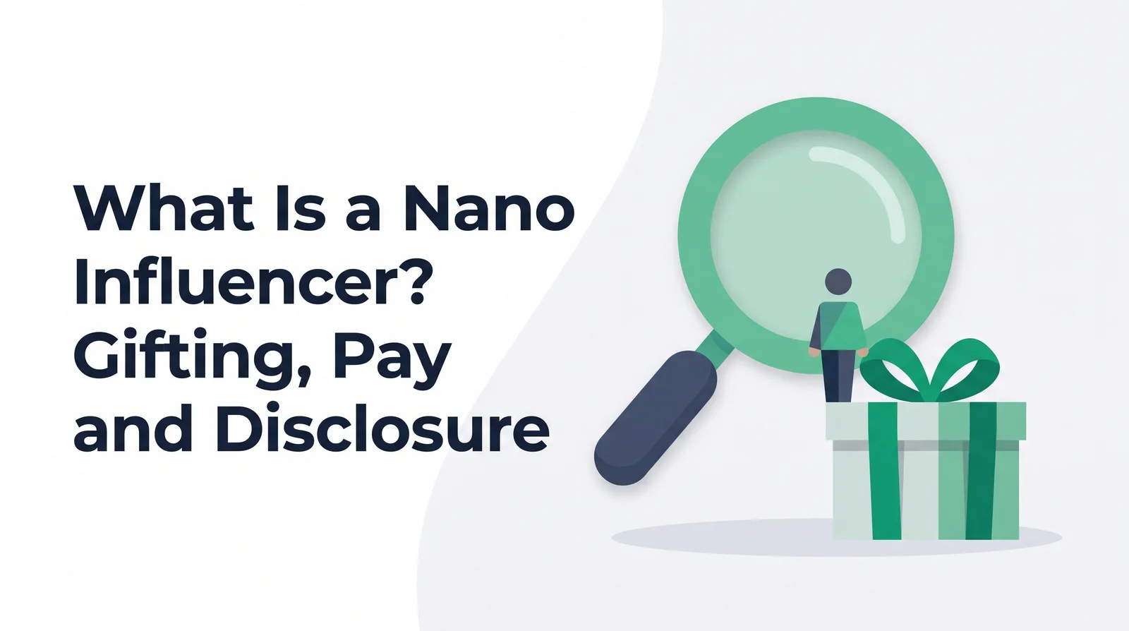 Illustration of a tiny faceless figure under a large emerald magnifying glass, standing on a gift box tied with an emerald ribbon, with the title 'What Is a Nano Influencer? Gifting, Pay and Disclosure'