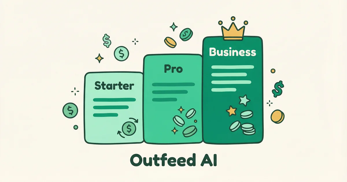 Outfeed AI pricing plans showing Starter, Pro, and Business tiers with features and pricing