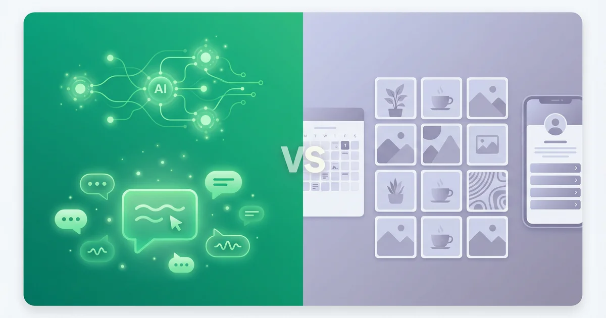 Outfeed AI vs Later comparison showing chat-first AI interface versus visual content calendar