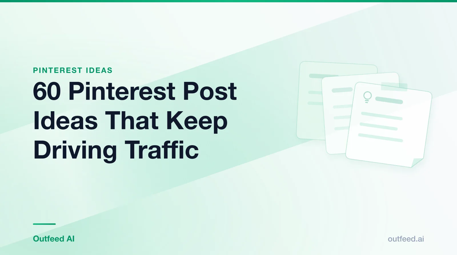 Title card reading '60 Pinterest Post Ideas That Keep Driving Traffic' with stacked idea cards on an emerald gradient