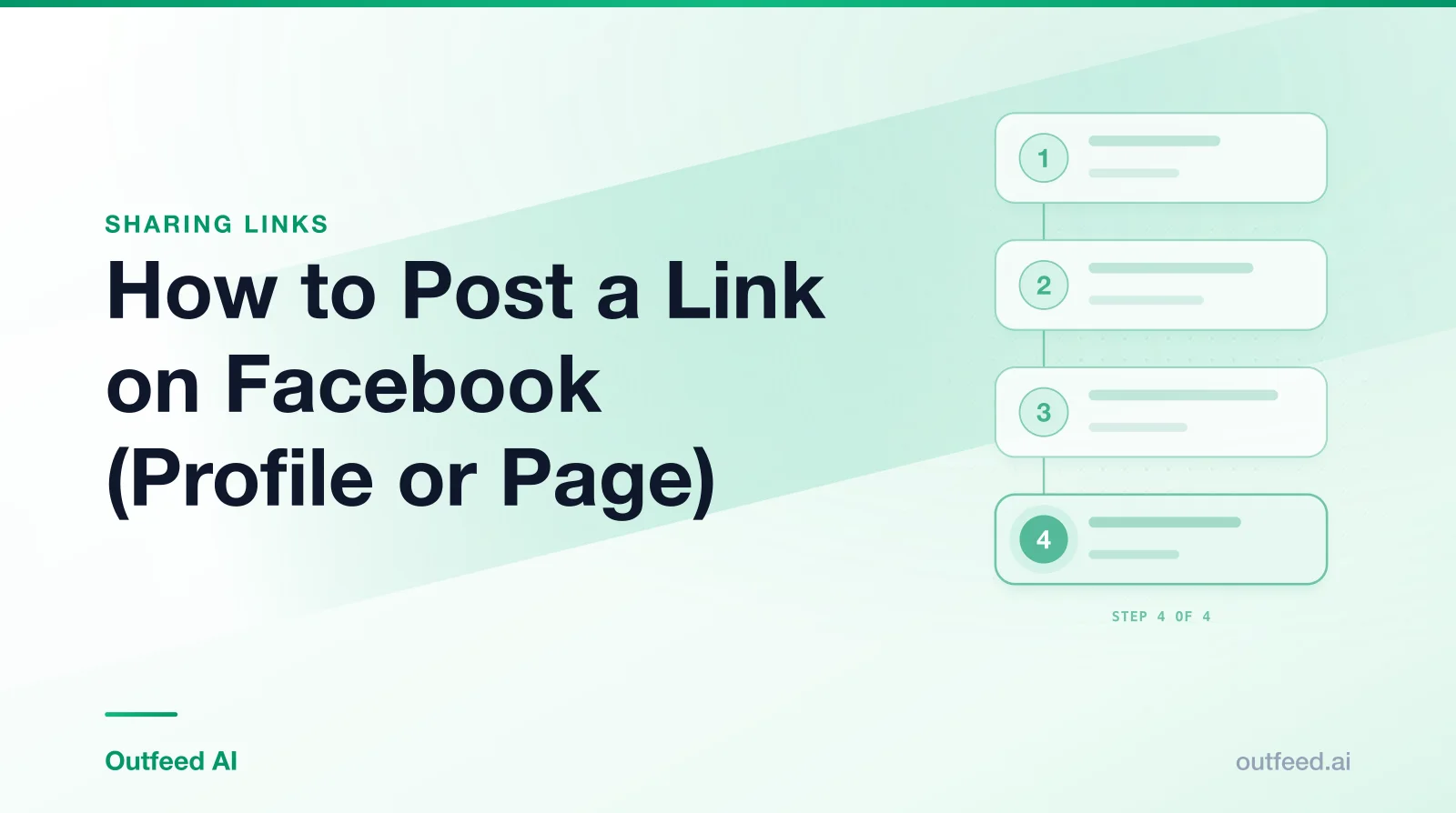 Title card reading 'How to Post a Link on Facebook (Profile or Page)' with numbered step cards on an emerald gradient