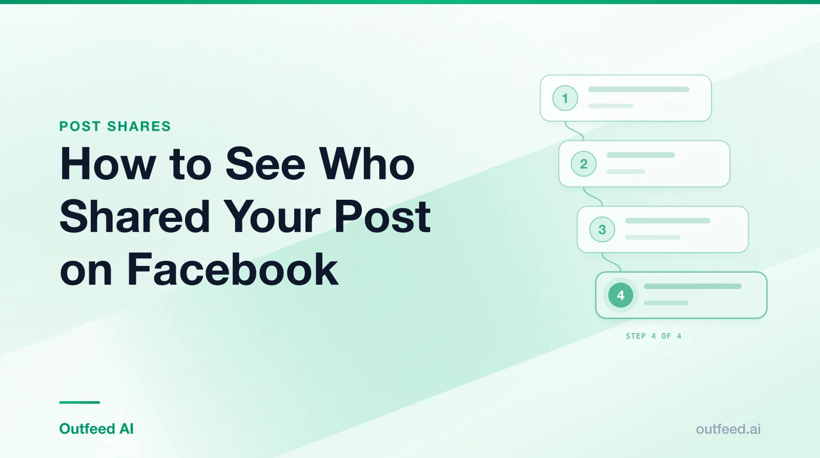 Title card reading 'How to See Who Shared Your Post on Facebook' with numbered step cards on an emerald gradient