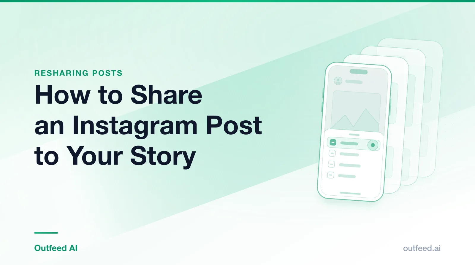 Title card reading 'How to Share an Instagram Post to Your Story' with a phone outline and layered screens on an emerald gradient