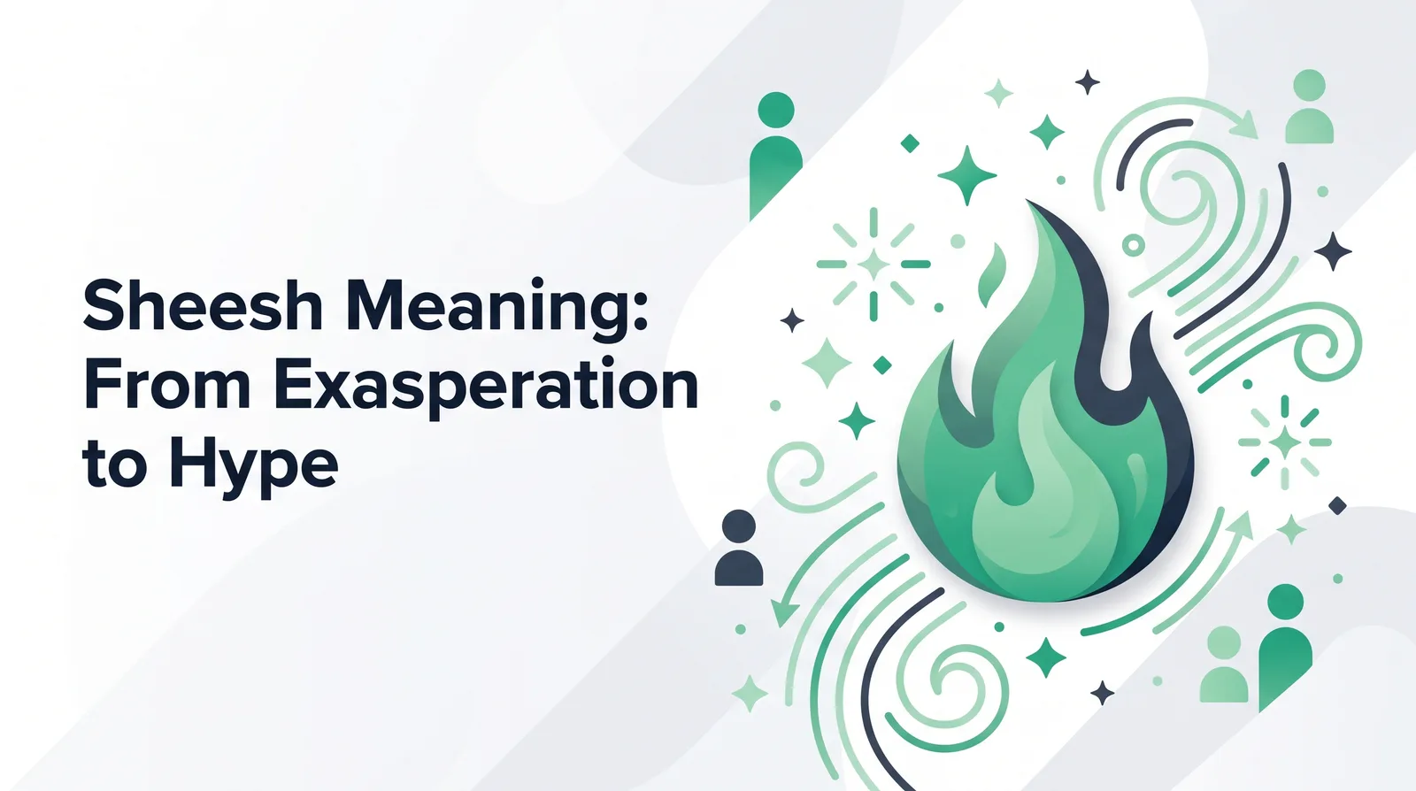Illustration of a bold emerald flame surrounded by sparkles, swirling wind lines and a few small faceless person icons, with the title 'Sheesh Meaning: From Exasperation to Hype'