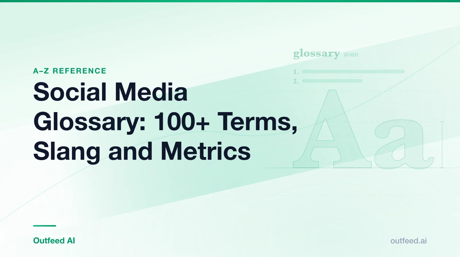 Social media glossary title card reading 100+ Terms, Slang and Metrics, beside a dictionary-style glossary entry with numbered definitions and a large Aa letterform