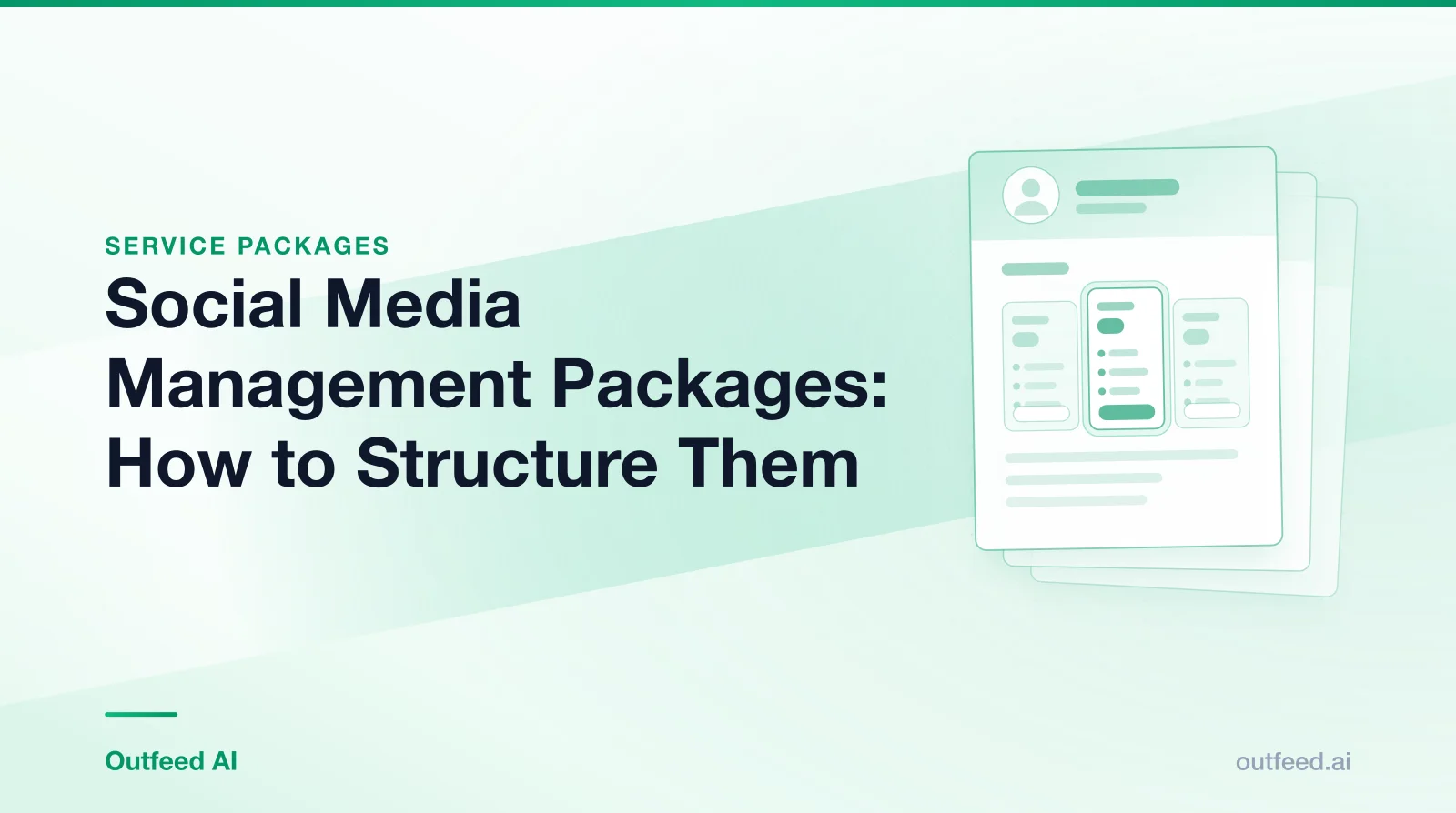 Title card reading 'Social Media Management Packages: How to Structure Them' with stacked résumé cards on an emerald gradient