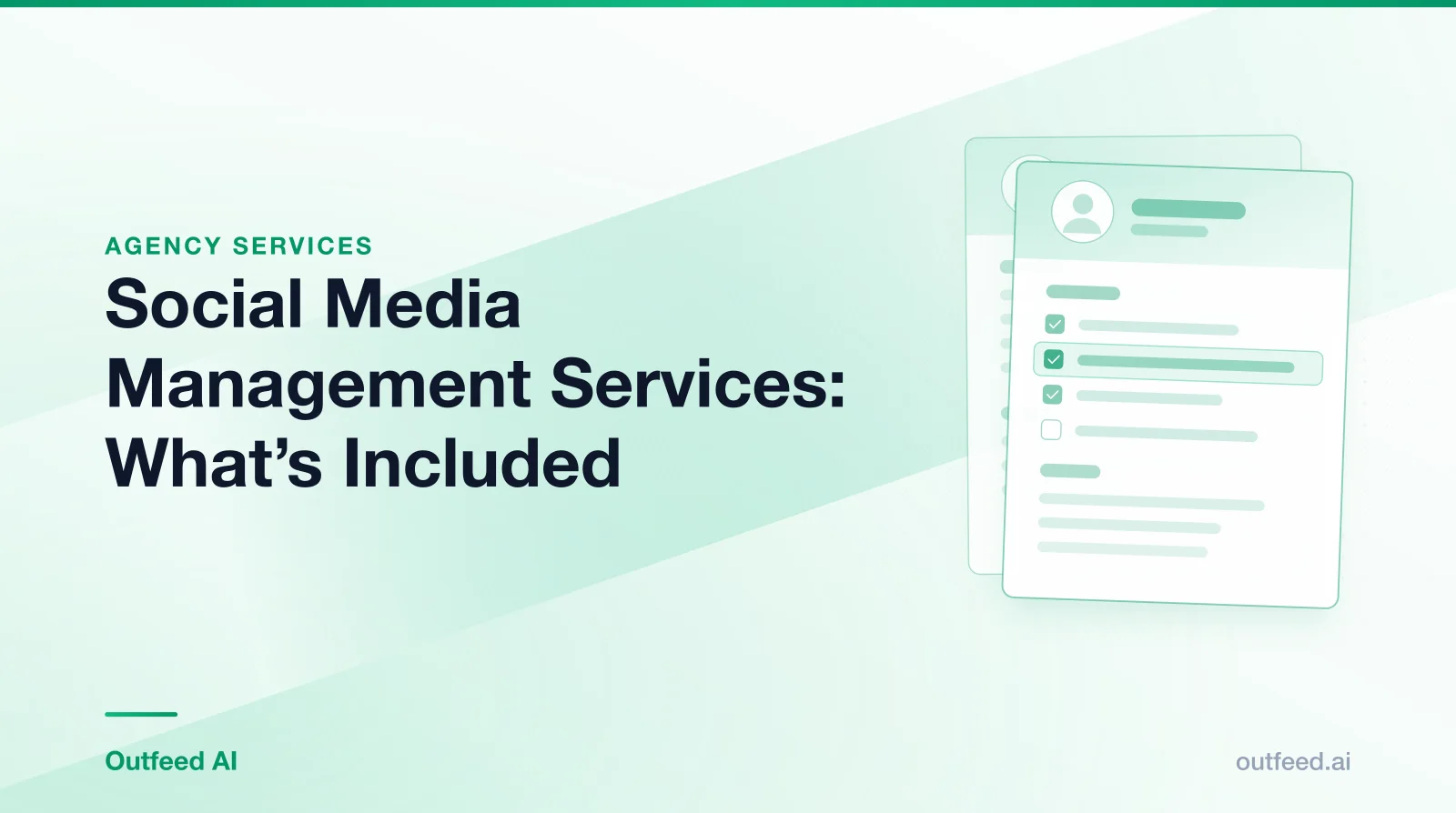 Title card reading 'Social Media Management Services: What's Included' with stacked résumé cards on an emerald gradient