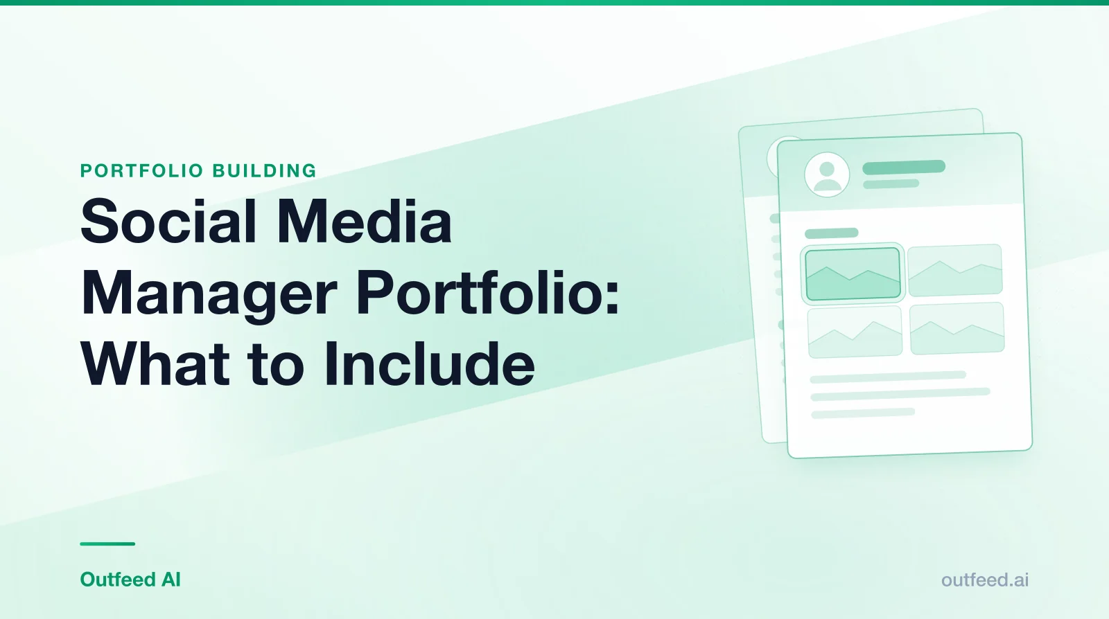 Title card reading 'Social Media Manager Portfolio: What to Include' with stacked résumé cards on an emerald gradient