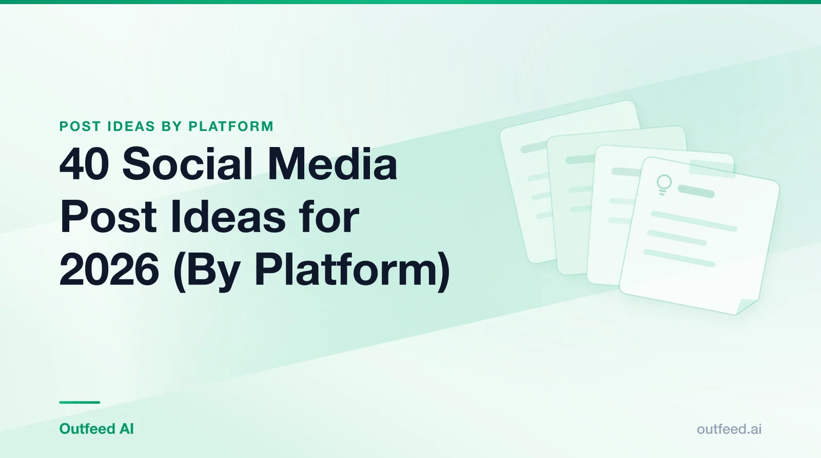 Title card reading '40 Social Media Post Ideas for 2026 (By Platform)' with stacked idea cards on an emerald gradient