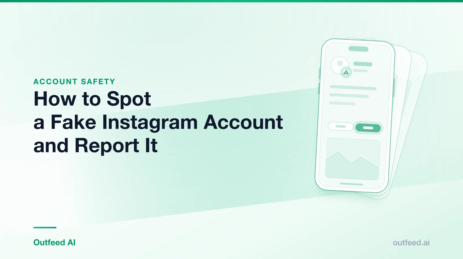 Title card reading 'How to Spot a Fake Instagram Account and Report It' with a phone outline and layered screens on an emerald gradient