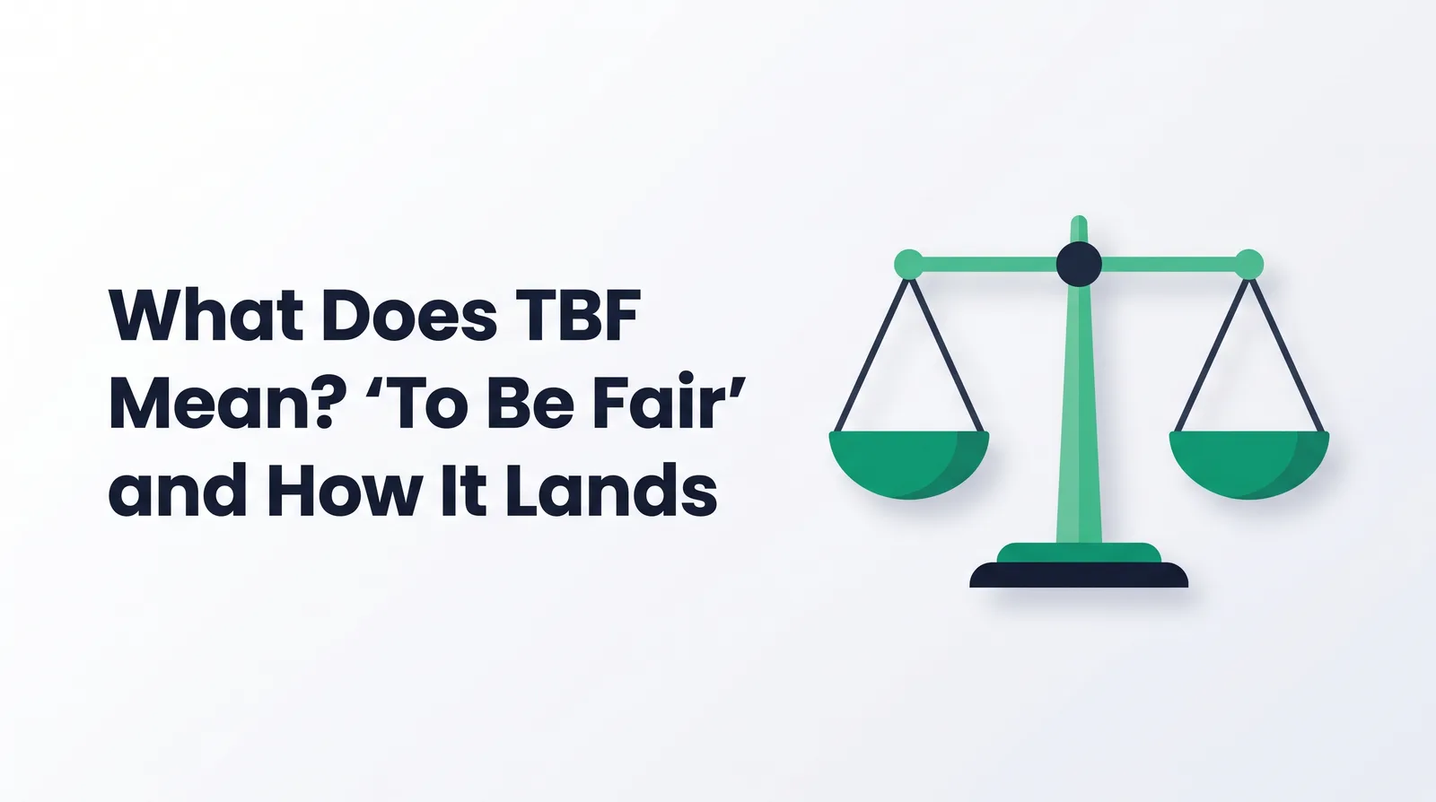 Illustration of an emerald and slate balance scale with its two empty pans held perfectly level, with the title 'What Does TBF Mean? 'To Be Fair' and How It Lands'